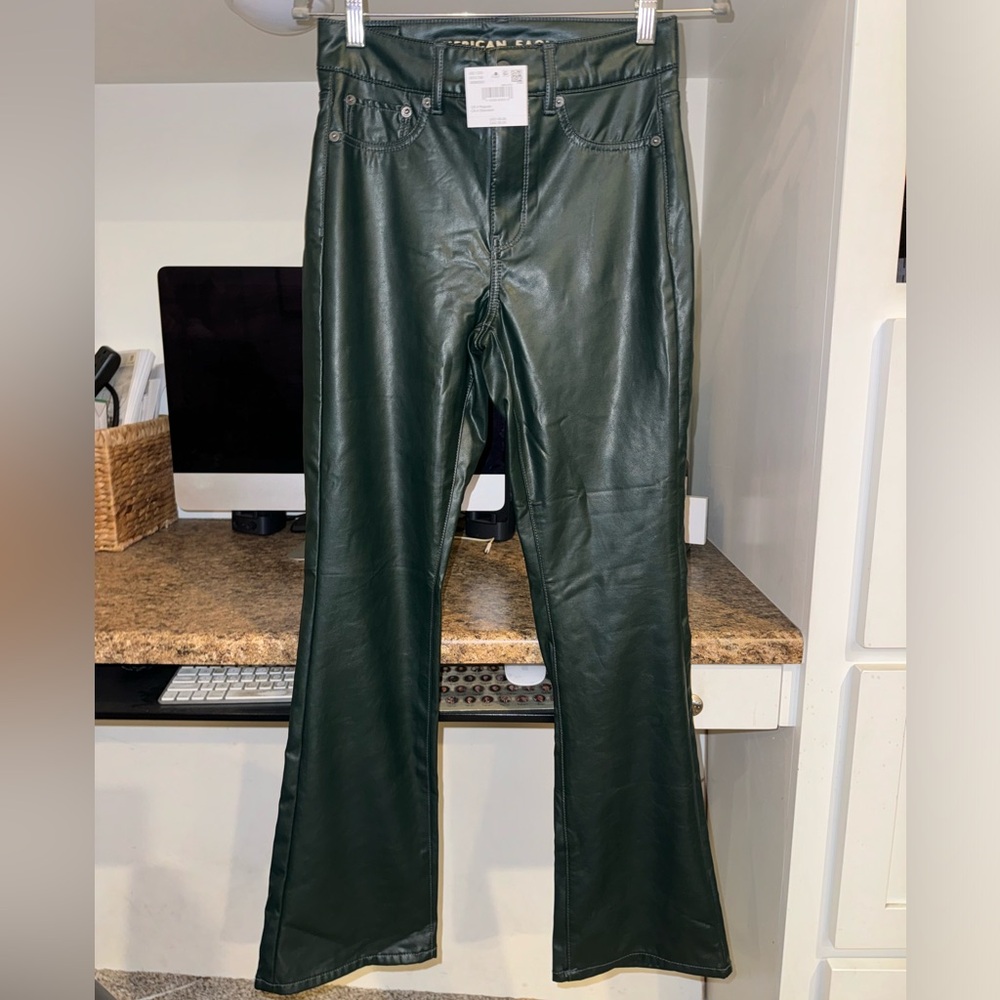 NWT - American Eagle pleather flare pants, Size 4 Regular in Forest Green